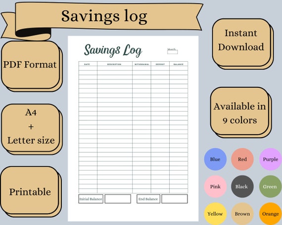Savings Account Sheet Printable Savings Log Printable - Etsy
