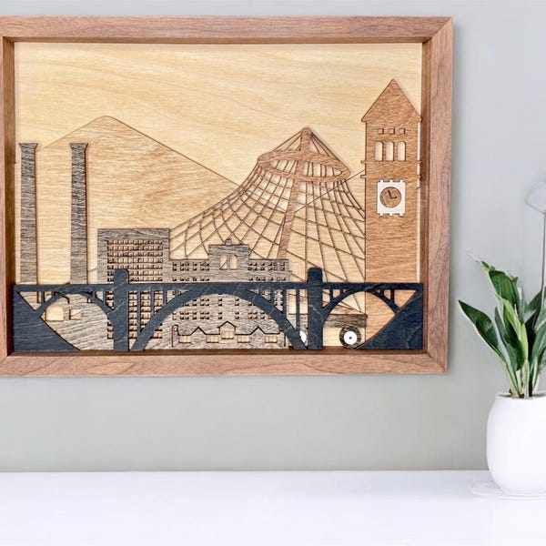 Spokane City Skyline, Washington, Pavilion, Clock Tower, Davenport, Steam Plant, Red Wagon, Monroe Street Bridge, Riverfront Park
