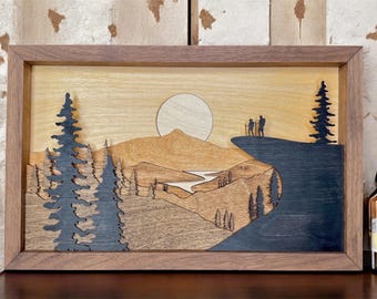 Layered Wood Hiker Scene: 3D Adventure Wall Art