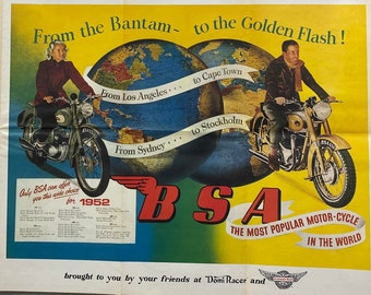 BSA Motorcycle Poster, 1953 Graphic Art Printed December 1981, BSA