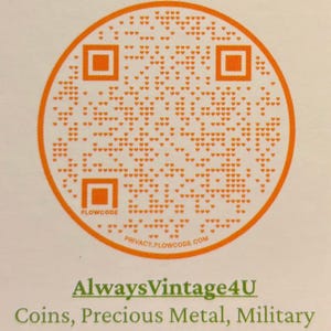 May include: A circular orange QR code composed of tiny heart shapes, featuring three square corner markers and the text FLOWCODE and PRIVACY.FLOWCODE.COM. Below the code, the green text reads AlwaysVintage4U, Coins, Precious Metal, Military.