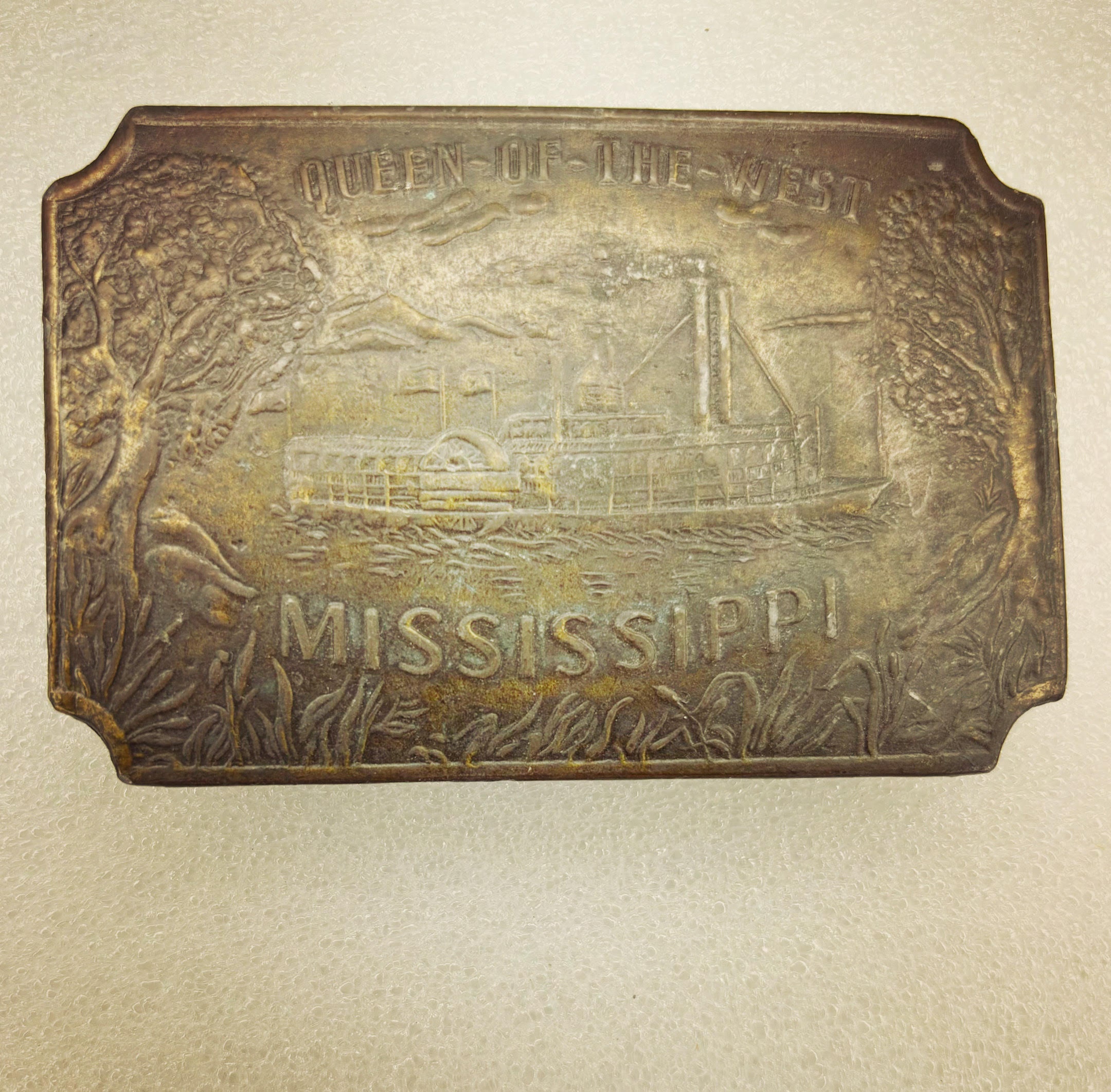 1970's QUEEN of the WEST, MISSISSIPI, Bronze Belt Buckle, Riverboat, Paddlewheel, Steamboat, Sidewheel Steamer, Nautical Historic Americana