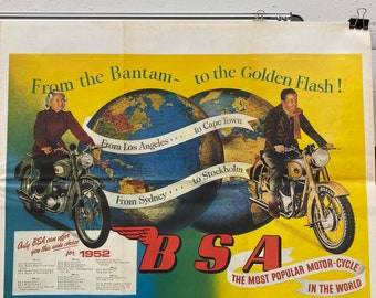 BSA Motorcycle Poster, 1953 Graphic Art Printed December 1981, BSA