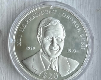 Silver American Mint, FINE SILVER .999 20 grams, Coin Proof, President George Bush, Republic of Liberia, Silver Bullion, Numismatic