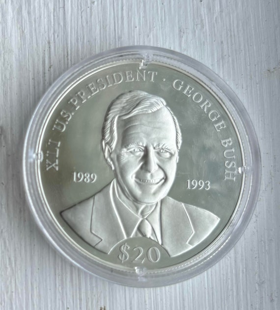 Silver, .999 Fine Silver, Precious Metals, Bullion,  American Mint,  20 grams, Coin Proof,  George Bush, Republic of Liberia, Numismatic