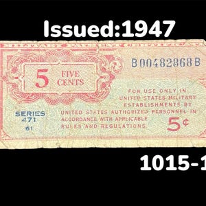 1947 Post WWII US MPC Military Payment Certificate 5 Cents Note series 471 , Military Currency, Numismatic, Cold War, Money, Christmas Gift