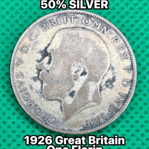 Silver 1926 Great Britain, Coin Florin, 2 Schillings 50% Silver Coinage Numismatic, Money, Numismatics, Collectable British, United Kingdom