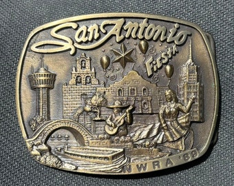 1989 San Antonio, NWRA &#39;89, Belt Buckle Bronze, Drexel Burnham Lambert, Designs by Buckles International, TEXAN Texas Texana, South Western