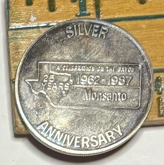 Coin, Silver, 1987 Silver .999 Fine Silver, One Troy Ounce Silver Coin, MONSANTO Chocolate Bayou Plant 1962 1987, Numismatic,  Hard to Find