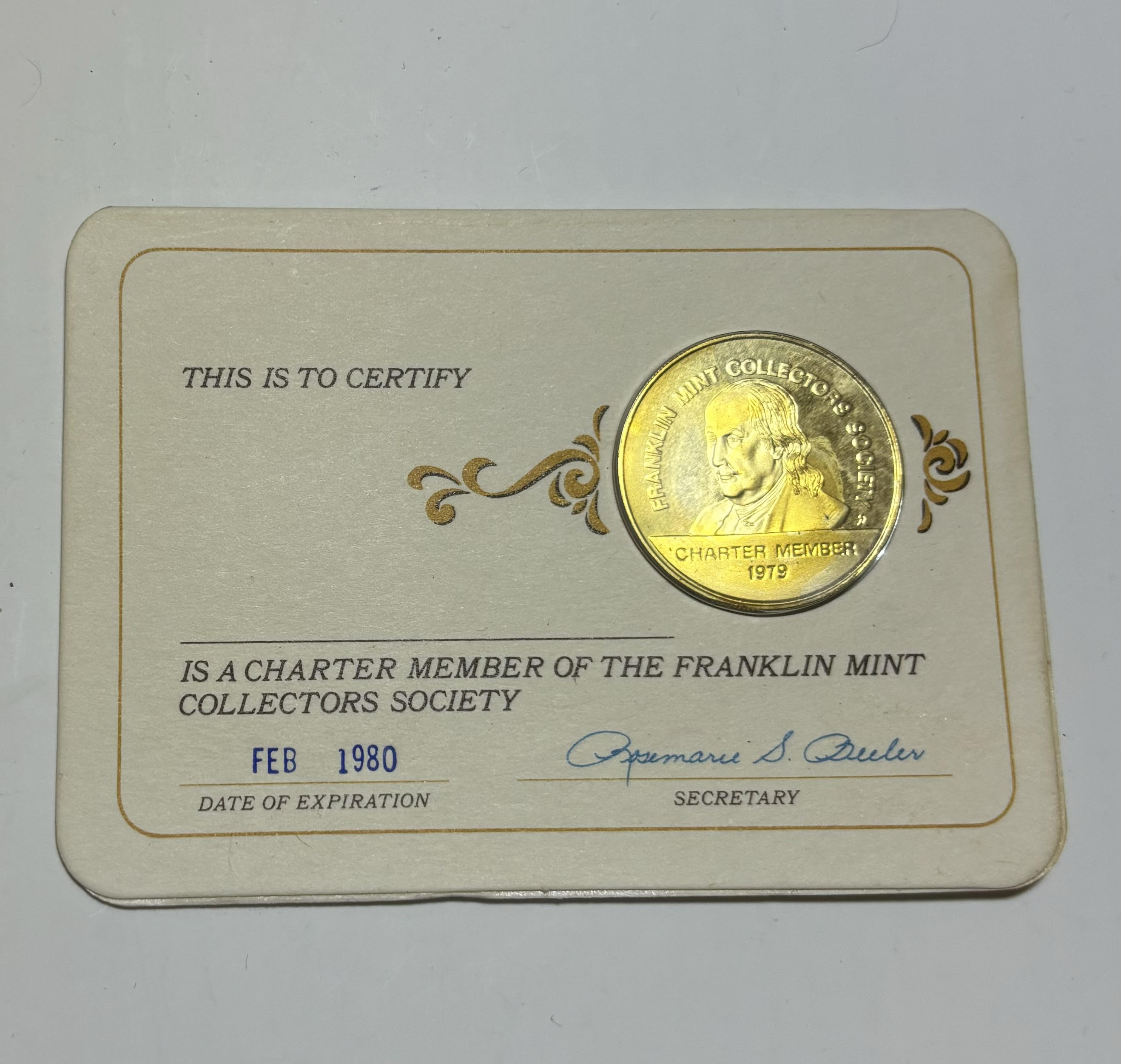1979 24kt Gold Plated Franklin Mint Collectors Society COIN