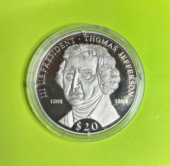 Silver .999 Fine Silver, Precious Metals, Bullion, 2000 Republic of Liberia, 20 Grams, Coin Proof  AMERICAN MINT Thomas Jefferson Numismatic
