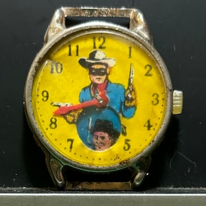 1950&#39;s LONE RANGER Child&#39;s Toy Watch, Tin Litho, Not Real Watch, Dime Store Toys, Made in Japan, Cowboy, Lone Ranger, Tonto, Hi Ho Silver