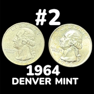 May include: Two silver 1964 US quarter dollar coins with the inscription "In God We Trust" and "Liberty". The coins are from the Denver Mint.