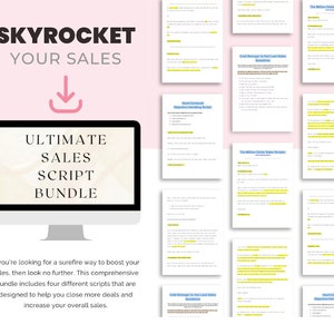 May include: A computer monitor displays the text "ULTIMATE SALES SCRIPT BUNDLE" with the words "SKYROCKET YOUR SALES" above it. The image includes several pages of sales scripts. The text below the monitor says, "If you're looking for a surefire way to boost your sales..."