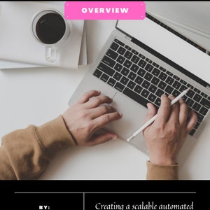 May include: A laptop with hands using the trackpad and holding a pencil. The image includes the text "SALES ON AUTOPILOT" and "OVERVIEW". A cup of coffee and papers are on the white surface. The text also says "Creating a scalable automated system that works on autopilot".
