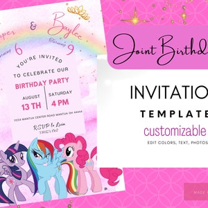 editable birthday invitation canva template, printable invite, joint birthday, my little pony, twilight sparkle, pinky pie, rainbow dash