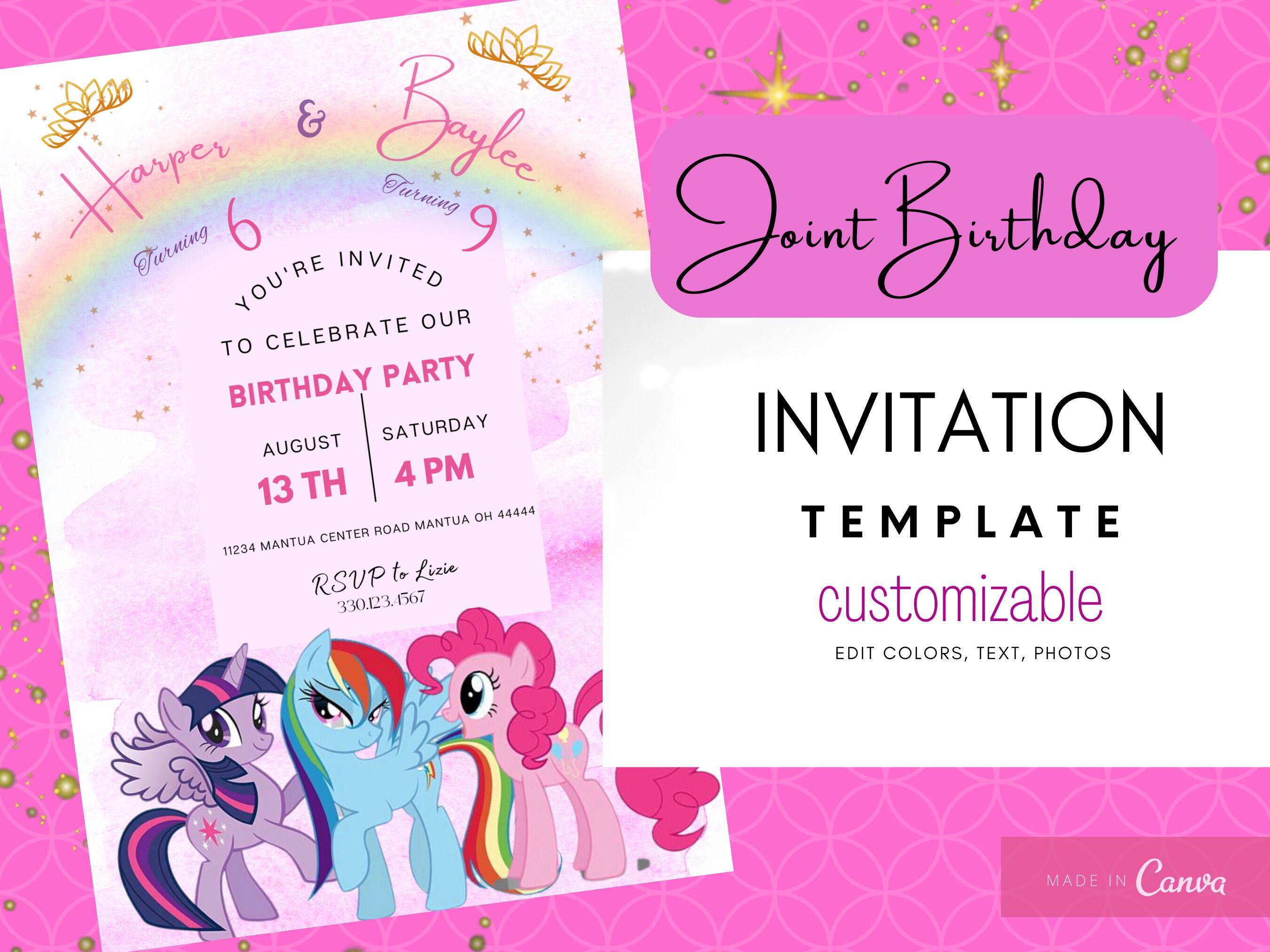 editable birthday invitation canva template printable invite joint birthday my little pony twilight sparkle pinky pie rainbow