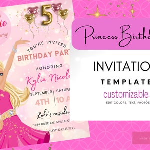 Editable Birthday Invitation Template, Printable Birthday Party Invitations, Digital Kids Party Invite Girls Evite Instant Download