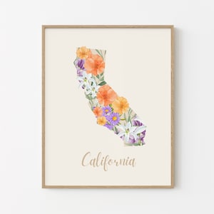 Impression murale de l’État de Californie, impression à l’aquarelle avec des fleurs sauvages. Décoration florale anniversaire, fiançailles ou cadeau de mariage.