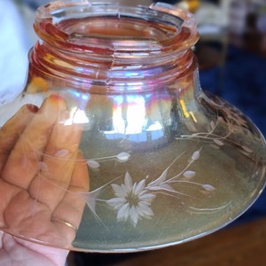 Marigold Carnival Glass Bowl with Cut Floral Design, Molded Base - Jeannette