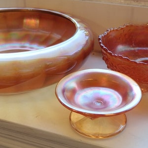 Three Pieces of Marigold Carnival Glass - Lancaster, Fenton, Northwood (Optic Panels, Orange Tree, Flute)