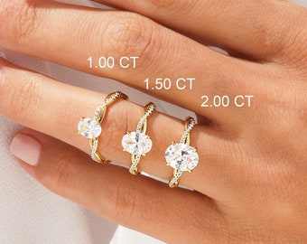 Petite Twist Oval Cut Moissanite Engagement Ring / 1 - 1.5 - 2 CT Twisted Ring in 14k Solid Gold / Side Stone Accent Pave Set Ring