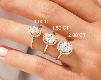 1 - 1.5 - 2 CT Oval Cut Halo Moissanite Engagement Ring / 14k Solid Gold Ring Adorned with Halo / Promise Ring for Women