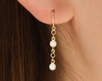 14k Gold Bezel Set Moissanite Drop Earrings / Bezel Simulated Diamond Drop Earrings/ Solid Gold Dainty Drop Earrings/ Bridal Earrings