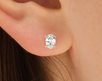 14k Gold Minimalist Oval Cut Moissanite Stud Earrings (1.00 ct)/ Oval Simulated Diamond Tiny Studs/ Minimalist Bridal Stud Earrings