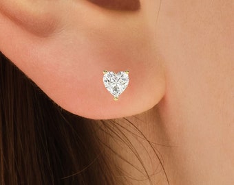 Pendientes de tuerca de moissanita con forma de corazón minimalista de oro de 14 k (1,00 ct) / Pendientes de tuerca pequeños de diamante simulado de corte de corazón / Pendientes de tuerca de novia delicados