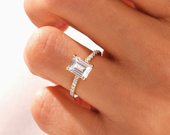 1 - 1.5 - 2 CT Emerald Cut Engagement Ring / Moissanite Engagement Ring with Round Cut Side Stones / Pave Set 14K Solid Gold Ring for Women