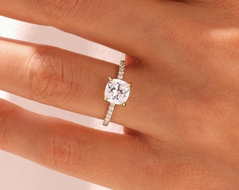 Brilliant Cushion Cut Engagement Ring / Side Stone Accented Promise Ring in 14k Solid Gold /  1 CT - 1.5 CT - 2 CT Center Stone