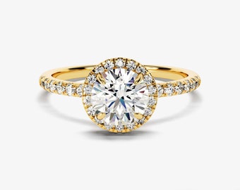 Pave Set Moissanite Halo Engagement Ring / 1 CT Round Cut Halo Engagement Ring in 14k Solid Gold / Simulated Diamond Promise Ring