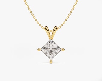 14K Solid Gold 1 Ct Princess Cut Moissanite Solitaire Necklace / Princess Shape Simulated Diamond Pendant Necklace / Womens Anniversary Gift