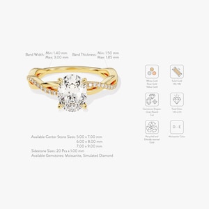 Petite Twist Oval Cut Moissanite Engagement Ring / 1 1.5 2 CT Twisted Ring in 14k Solid Gold / Side Stone Accent Pave Set Ring image 8