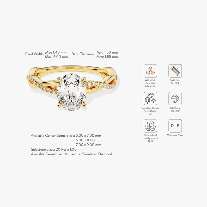 Petite Twist Oval Cut Moissanite Engagement Ring / 1 1.5 2 CT Twisted Ring in 14k Solid Gold / Side Stone Accent Pave Set Ring image 8