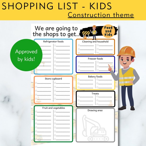 Shopping Planer, Kinder, Einkaufsliste für Kinder, Bau, Printable PDF, Digitaler Download