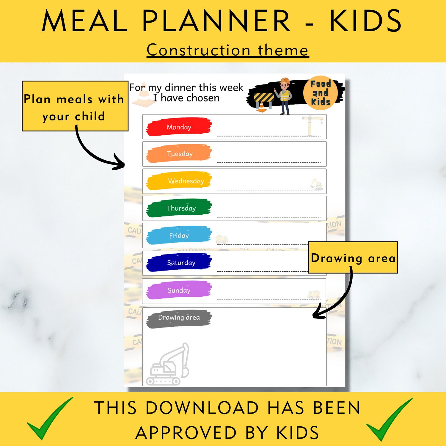 Meal Planner - Kids - Weekly Meal Menu - Plan Meals - Construction ...