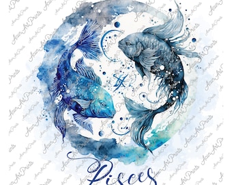 Pisces Sternzeichen Aquarell Design, Celestial Sign PNG (Digitaler Download)