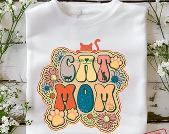 Retro Cat Mom PNG: Floral Sublimation Design (Digital Download)