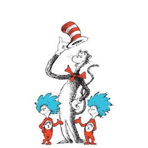 May include: A black and white illustration of the Cat in the Hat, wearing a red and white striped hat, with Thing 1 and Thing 2 standing on either side of him. Thing 1 and Thing 2 are wearing red suits with blue hair and the words "Thing 1" and "Thing 2" printed on their chests.