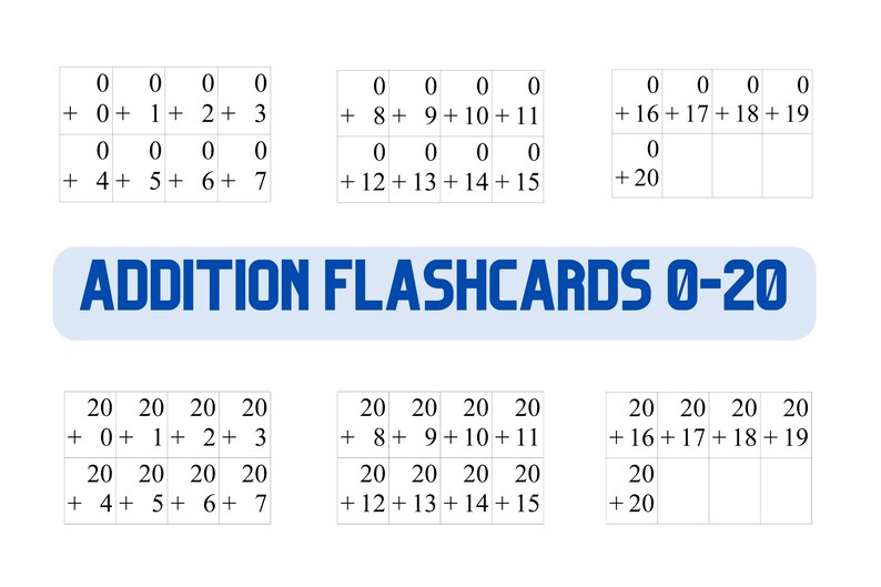 Flashcards Math Addition 020, up to 20 Adding Flashcards, Counting, Elementary School Learning