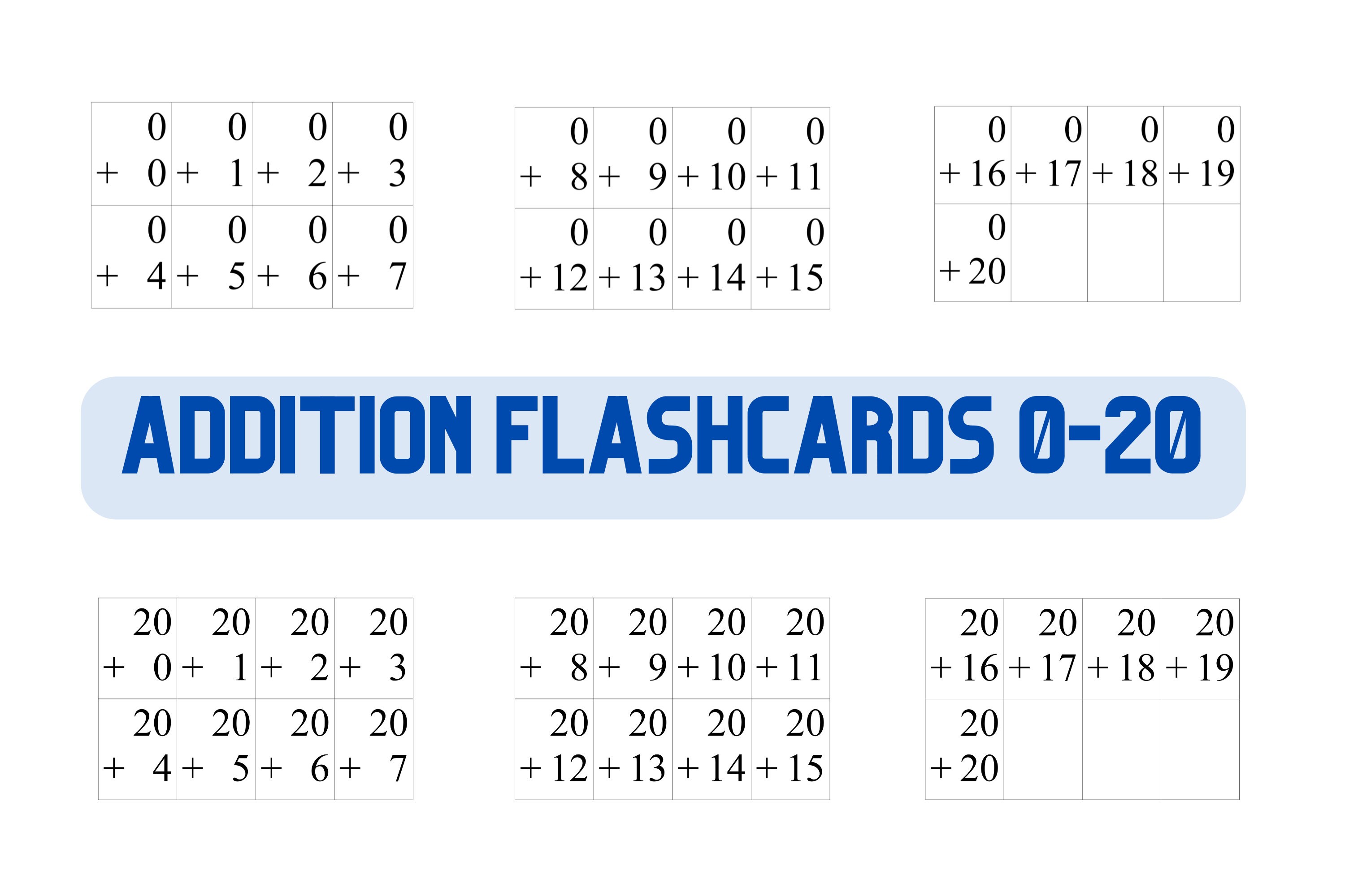 Flashcards Math Addition 020, up to 20 Adding Flashcards, Counting