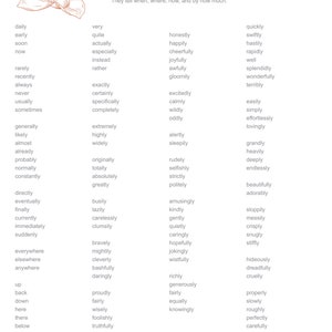 Könnte beinhalten: Eine Liste von Adverbien in alphabetischer Reihenfolge. Die Wörter sind in zwei Spalten angeordnet. Die Liste ist auf weißem Hintergrund mit einer braunen Magnolienblütenillustration oben gedruckt.