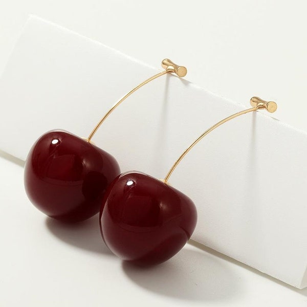 Cherry Earrings, Fruit Earrings, Long Drop Earrings, Red Cherry Dangle Earrings, Cute Life like Cherry Earrings