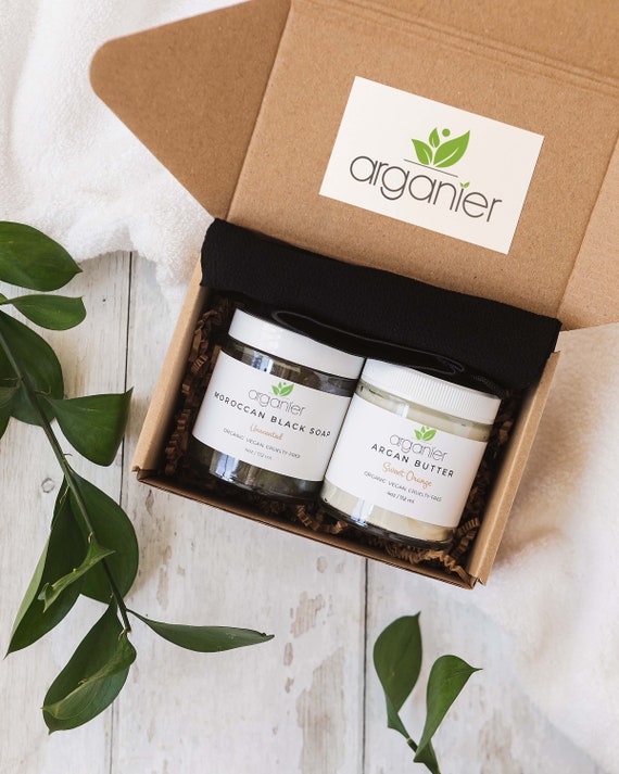 Moroccan Bath Kit for Luxurious Body Care and Hamam Experience - Moroccan Black Soap, Kessa Glove and body butter - Perfect Gift Set for Her