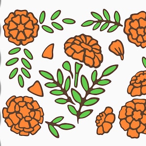 May include: A set of 10 digital clipart images featuring orange marigold flowers and green leaves. The marigolds have a detailed design with multiple petals. The leaves are simple and stylized.
