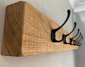 Solid Oak Chunky Rustic Wooden Coat Rack With Strong Cast Iron Hooks - Hat Hanger Vintage Reclaimed Handmade