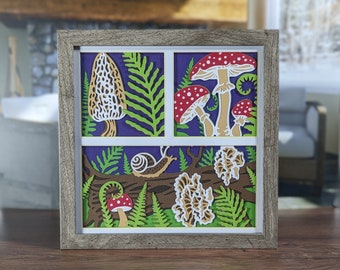 Handmade Mushroom Tryptic Shadowbox: Woodland Home Decor Gift