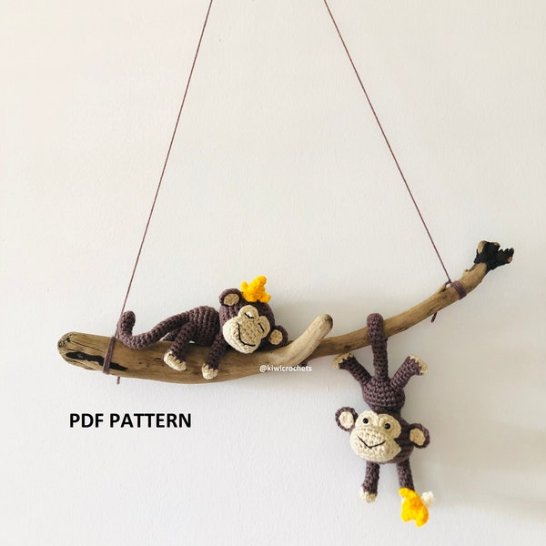 DIY PATTERN - Monkeys on a Branch Wall Hanging - Nursery Kids room decor - Amigurumi Crochet Pattern